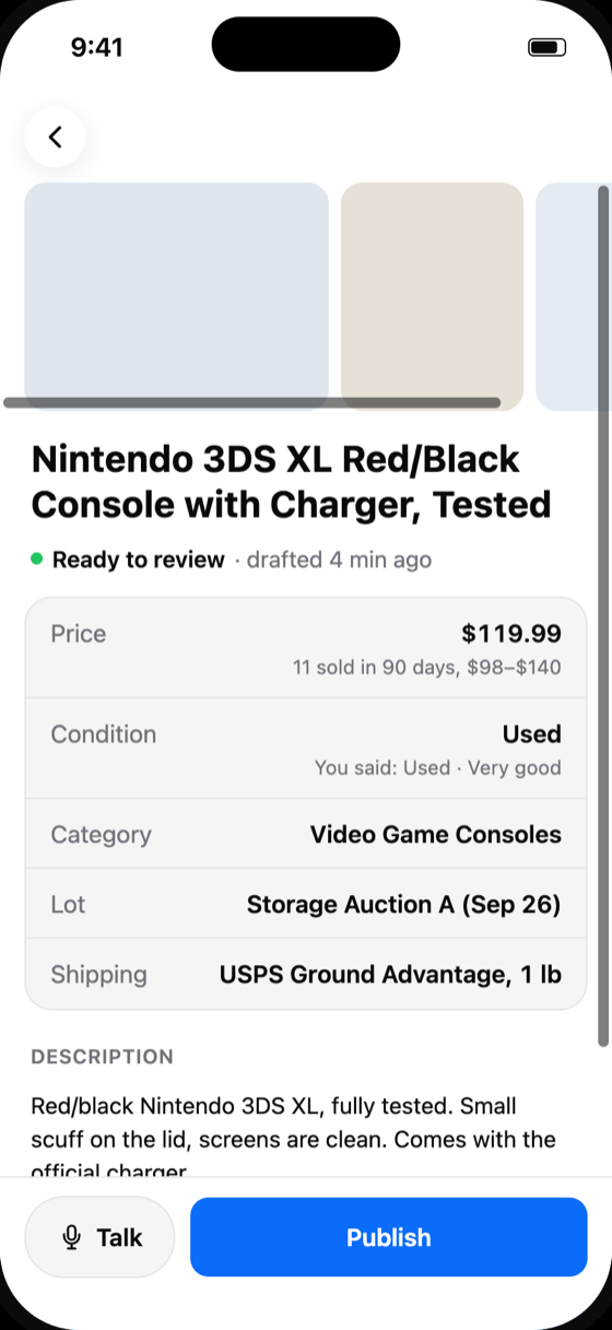 A listing draft ready to review, with price, condition and category filled in